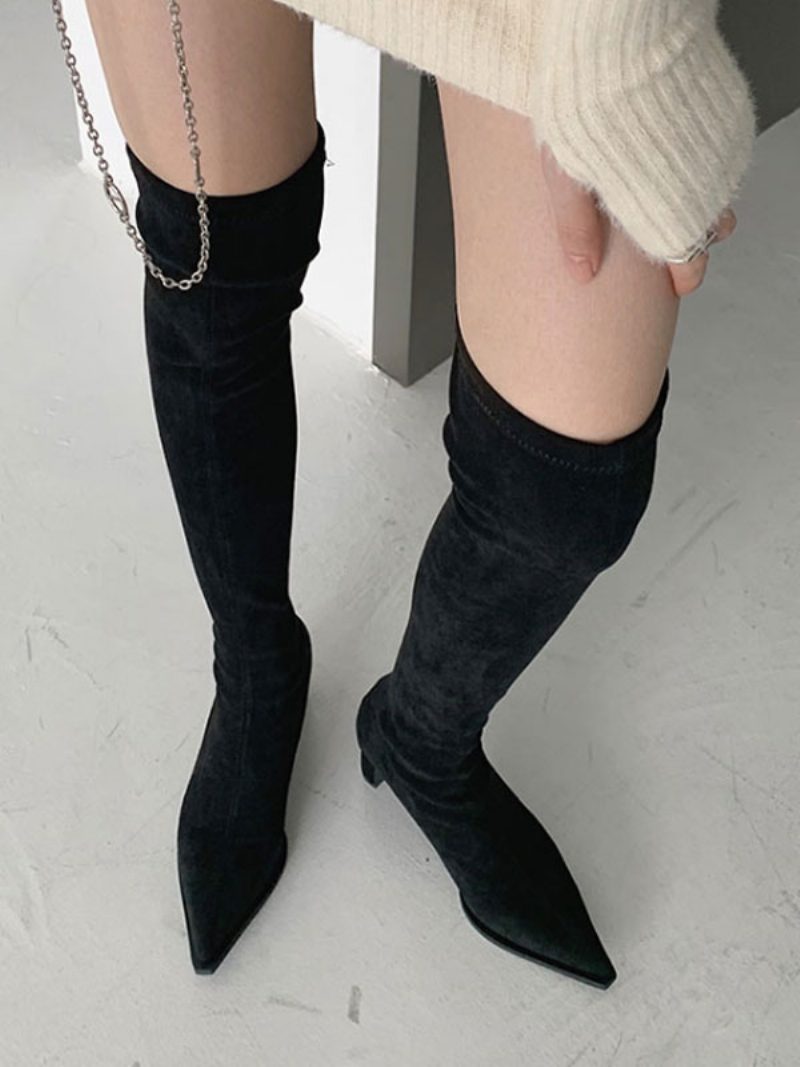 Damen-stiefel Aus Micro-wildleder Mit Klobigem Absatz Und Oberschenkelhohen Stiefeln - Schwarz