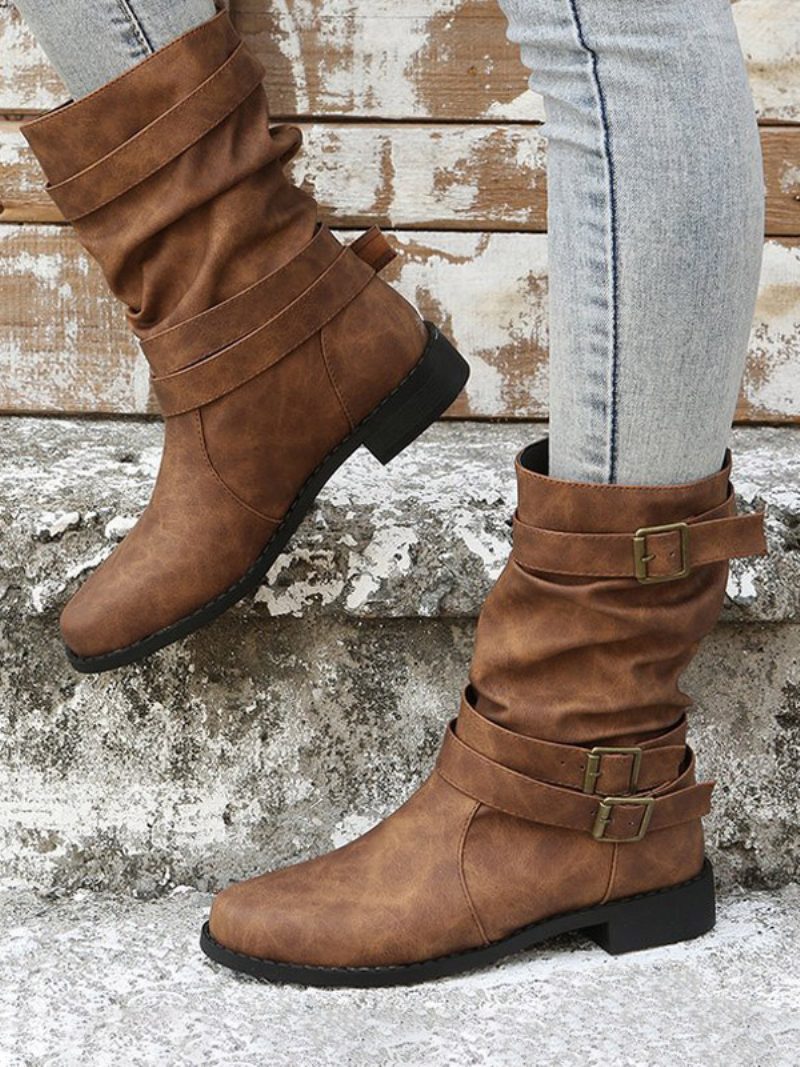 Damen-stiefel Aus Pu-leder Mit Spitzem Zehenbereich Und Klobigem Absatz - Kaffeebraun