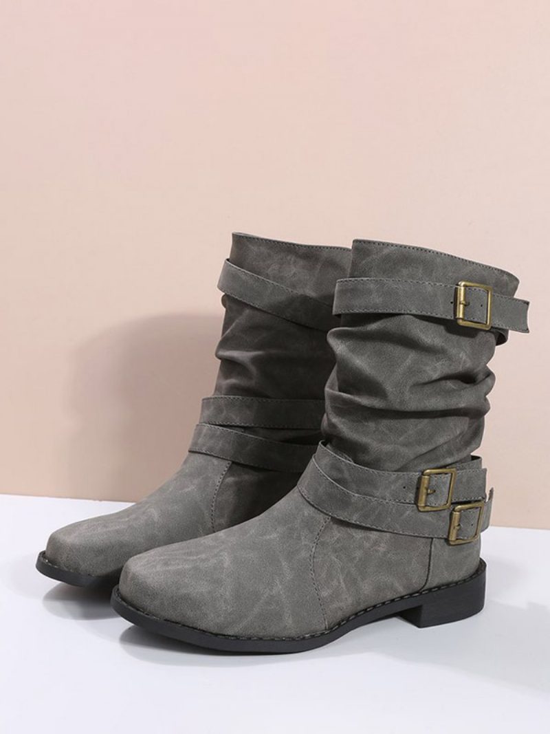 Damen-stiefel Aus Pu-leder Mit Spitzem Zehenbereich Und Klobigem Absatz - Grau