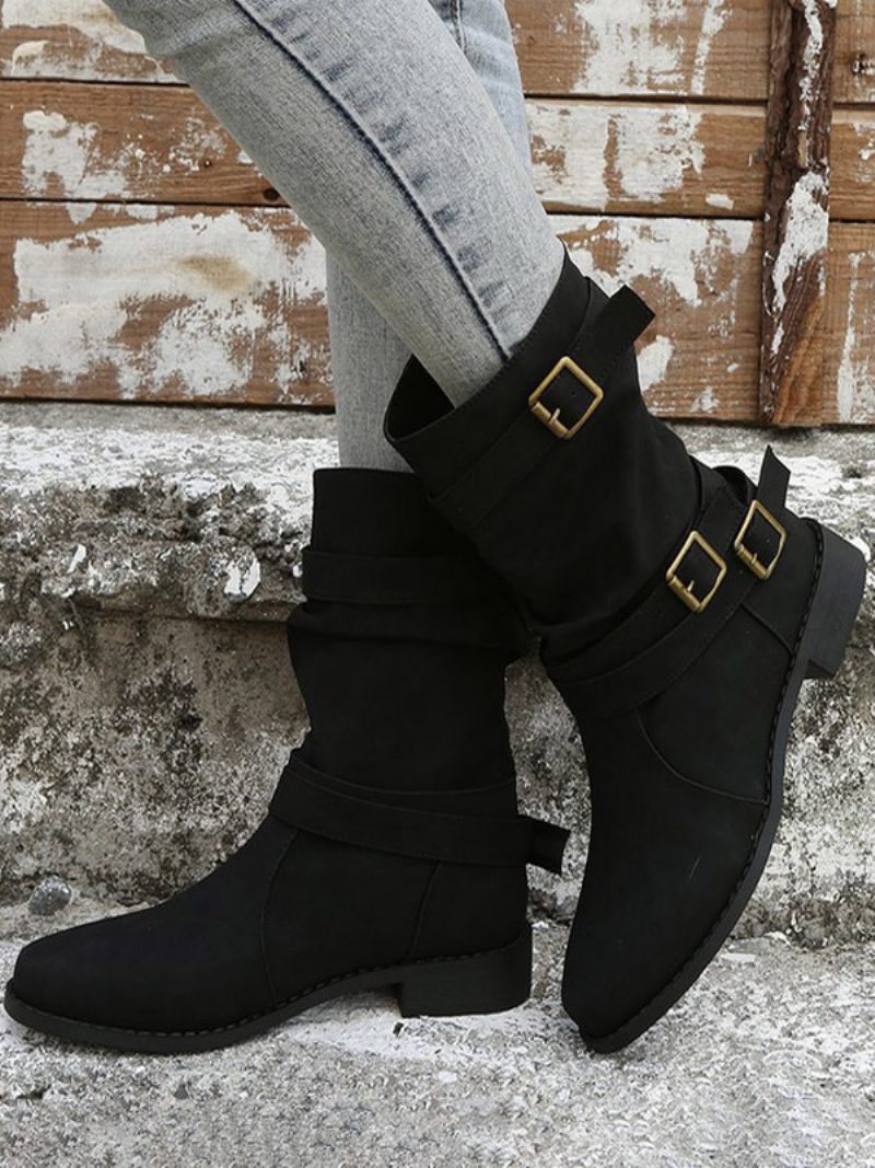 Damen-stiefel Aus Pu-leder Mit Spitzem Zehenbereich Und Klobigem Absatz - Schwarz