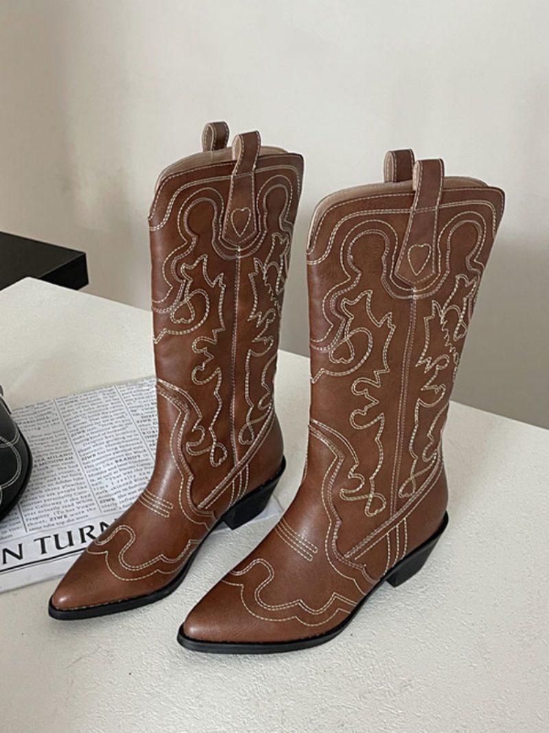 Damen-stiefel Aus Pu-leder Mit Spitzem Zehenbereich Und Klobigem Absatz - Kaffeebraun