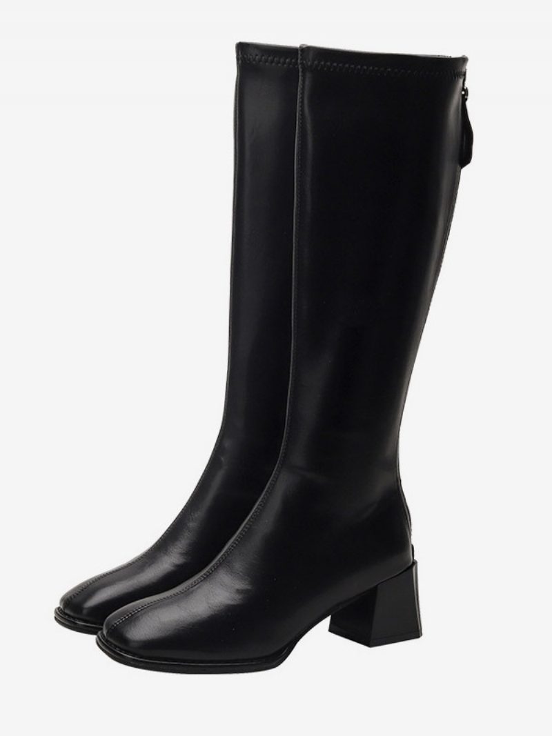 Damen-stiefel Aus Pu-leder Mit Spitzem Zehenbereich Und Klobigem Absatz - Schwarz