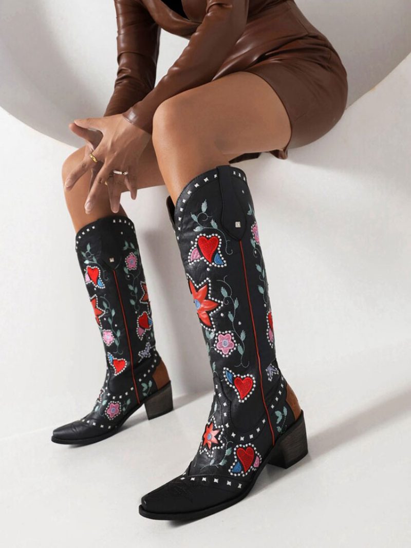 Damen-stiefel Aus Pu-leder Mit Spitzer Zehenpartie Klobigem Absatz Und Mittelhohen Wadenstiefeln Cowgirl-hochzeitsschuhe - Schwarz