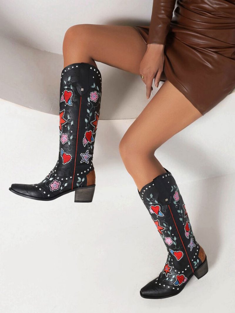 Damen-stiefel Aus Pu-leder Mit Spitzer Zehenpartie Klobigem Absatz Und Mittelhohen Wadenstiefeln Cowgirl-hochzeitsschuhe - Schwarz