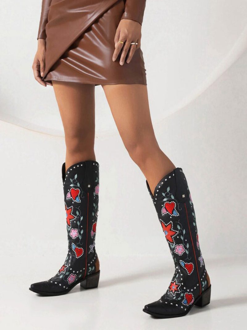 Damen-stiefel Aus Pu-leder Mit Spitzer Zehenpartie Klobigem Absatz Und Mittelhohen Wadenstiefeln Cowgirl-hochzeitsschuhe - Schwarz