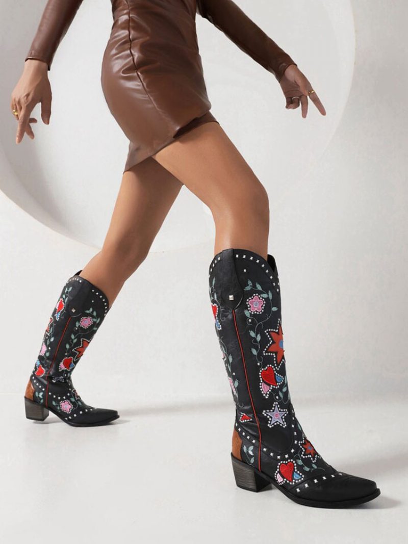 Damen-stiefel Aus Pu-leder Mit Spitzer Zehenpartie Klobigem Absatz Und Mittelhohen Wadenstiefeln Cowgirl-hochzeitsschuhe - Schwarz