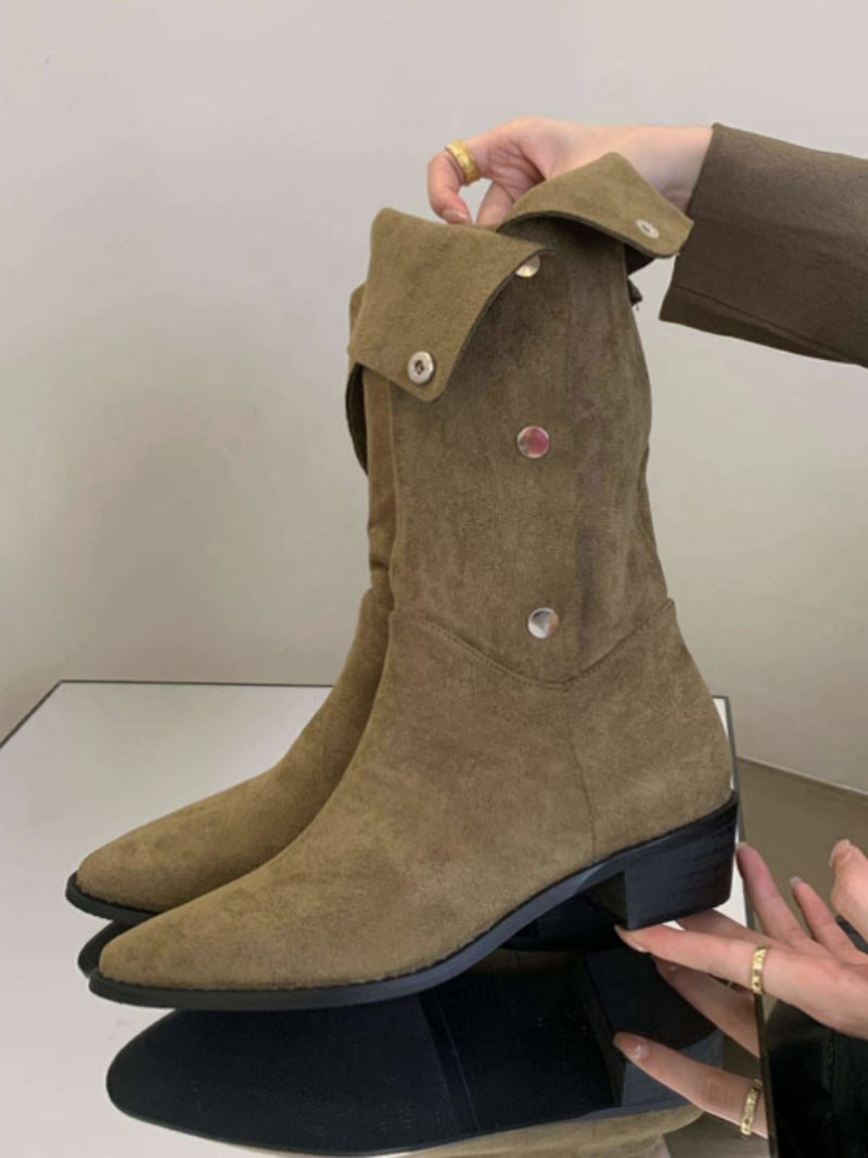 Damen-stiefel Aus Wildleder Mit Spitzer Zehenpartie Und Klobigem Absatz - Jägergrün