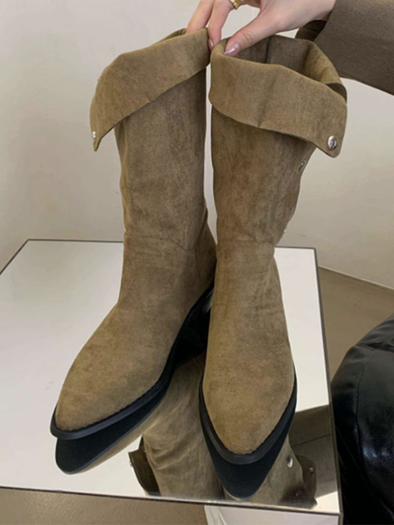 Damen-stiefel Aus Wildleder Mit Spitzer Zehenpartie Und Klobigem Absatz - Jägergrün