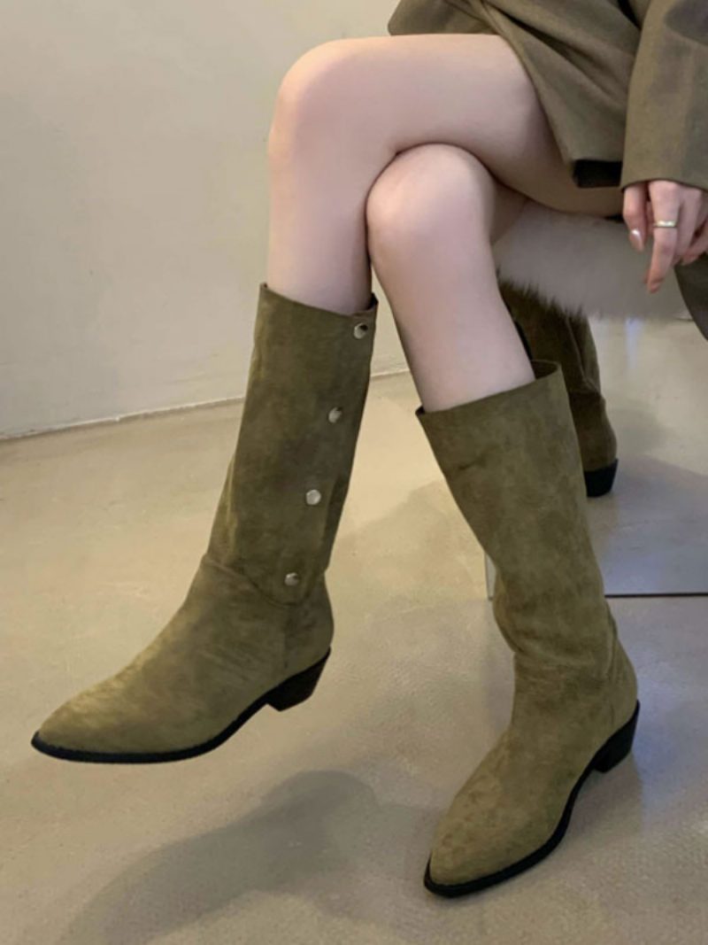 Damen-stiefel Aus Wildleder Mit Spitzer Zehenpartie Und Klobigem Absatz - Jägergrün