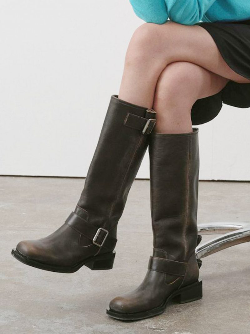 Damen-stiefel Mit Breitem Schaft Runder Zehenpartie Und Schnallendetail Flache Kniehohe Stiefel - Kaffeebraun