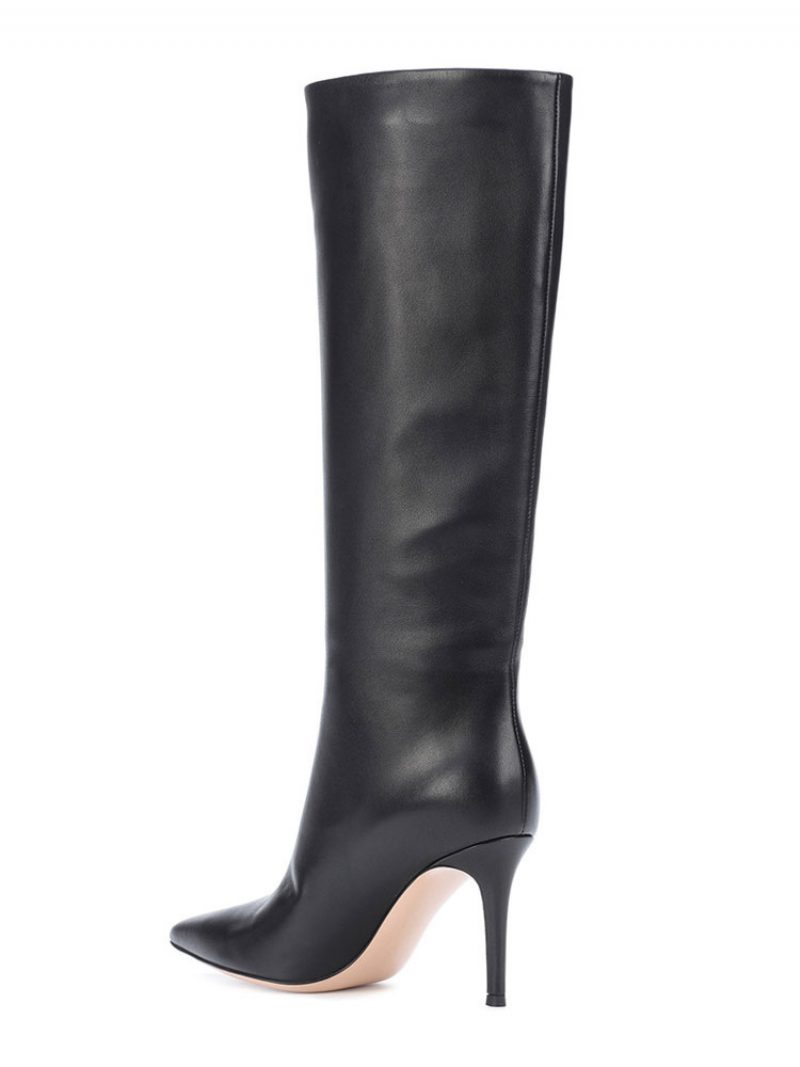 Damen-stiefel Mit Breiter Wade Burgunderrot Spitze Zehenpartie Stiletto-absatz Mittelhohe Stiefel - Schwarz