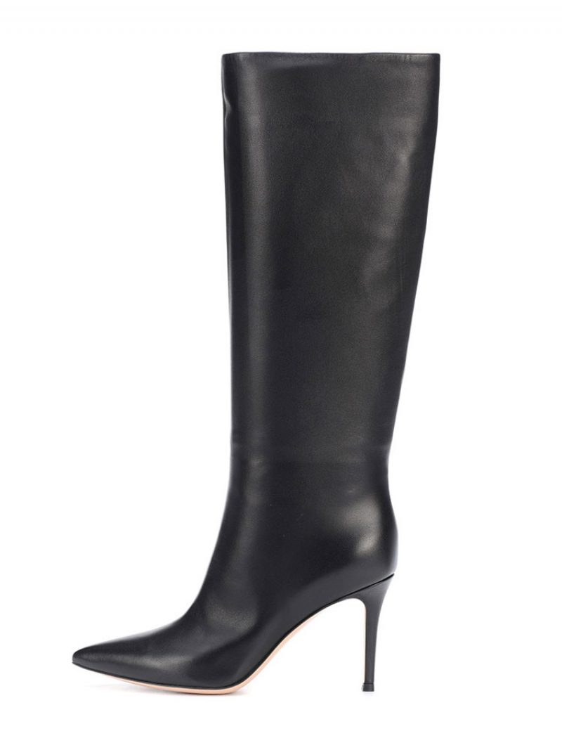 Damen-stiefel Mit Breiter Wade Burgunderrot Spitze Zehenpartie Stiletto-absatz Mittelhohe Stiefel - Schwarz