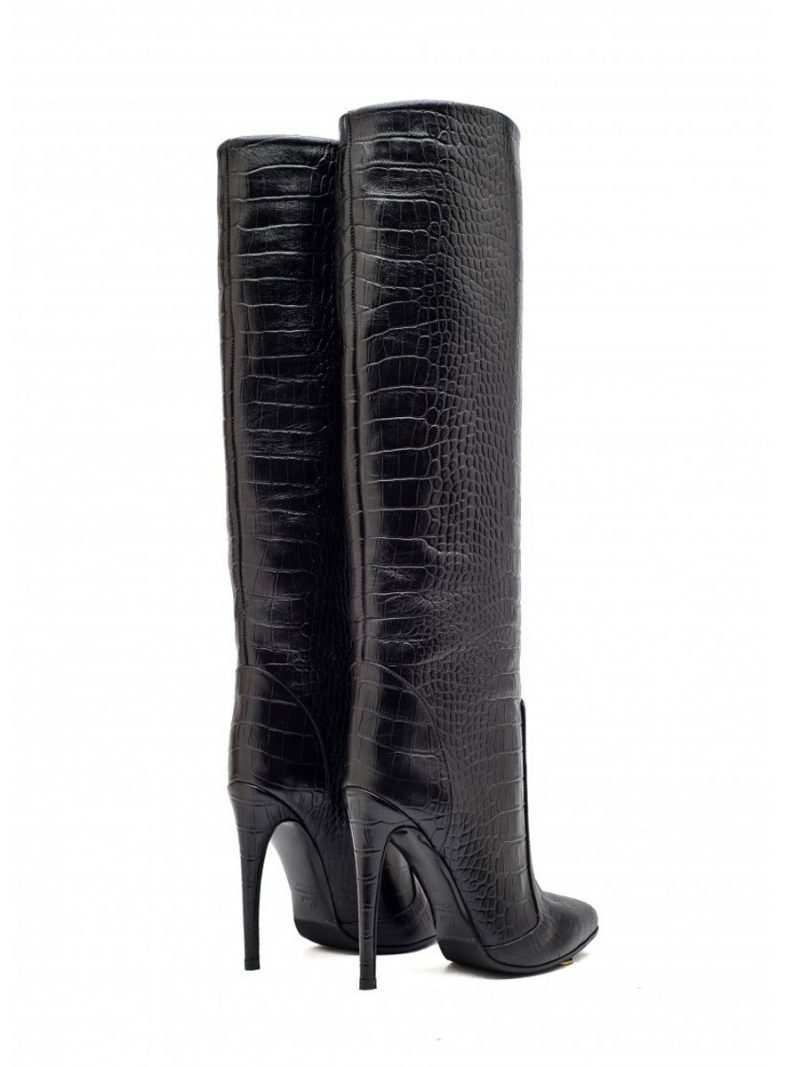 Damen-stiefel Mit Breiter Wade Pu-leder Kniehohe Stiefel Stiletto-absatz - Schwarz