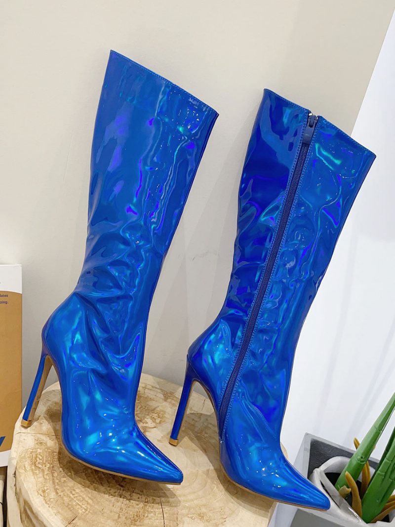 Damen-stiefel Mit Breiter Wade Schicke Kniehohe Stiefel Spitzer Zehenpartie Und Absatz - Blau