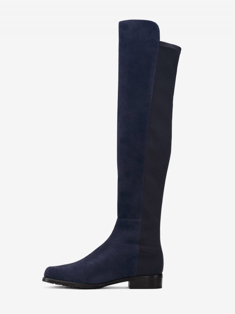 Damen-stiefel Mit Flachem Oberschenkel Und Elastischem Wildleder - Tiefblau