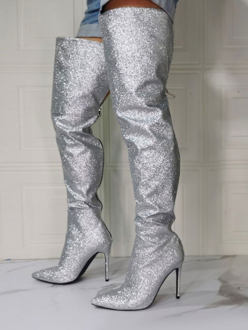 Damen-stiefel Mit Glitzerndem Oberschenkel Und Hohem Absatz Silber