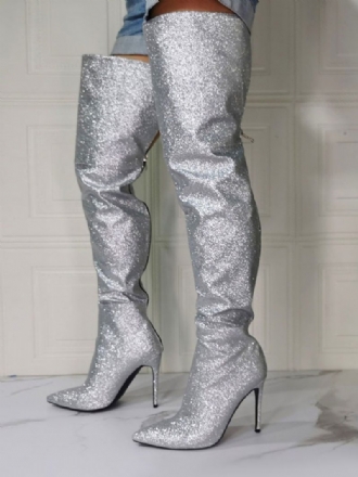 Damen-stiefel Mit Glitzerndem Oberschenkel Und Hohem Absatz Silber