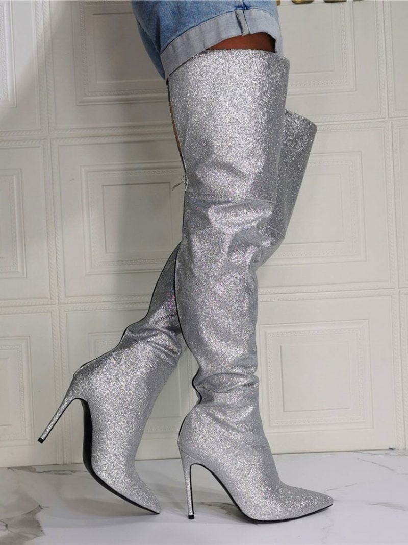 Damen-stiefel Mit Glitzerndem Oberschenkel Und Hohem Absatz Silber - Silber