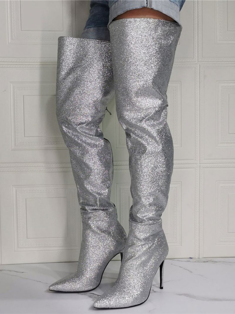 Damen-stiefel Mit Glitzerndem Oberschenkel Und Hohem Absatz Silber - Silber