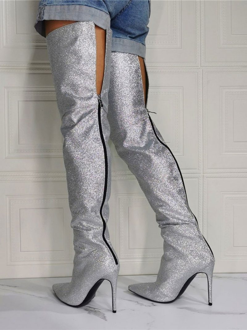 Damen-stiefel Mit Glitzerndem Oberschenkel Und Hohem Absatz Silber - Silber