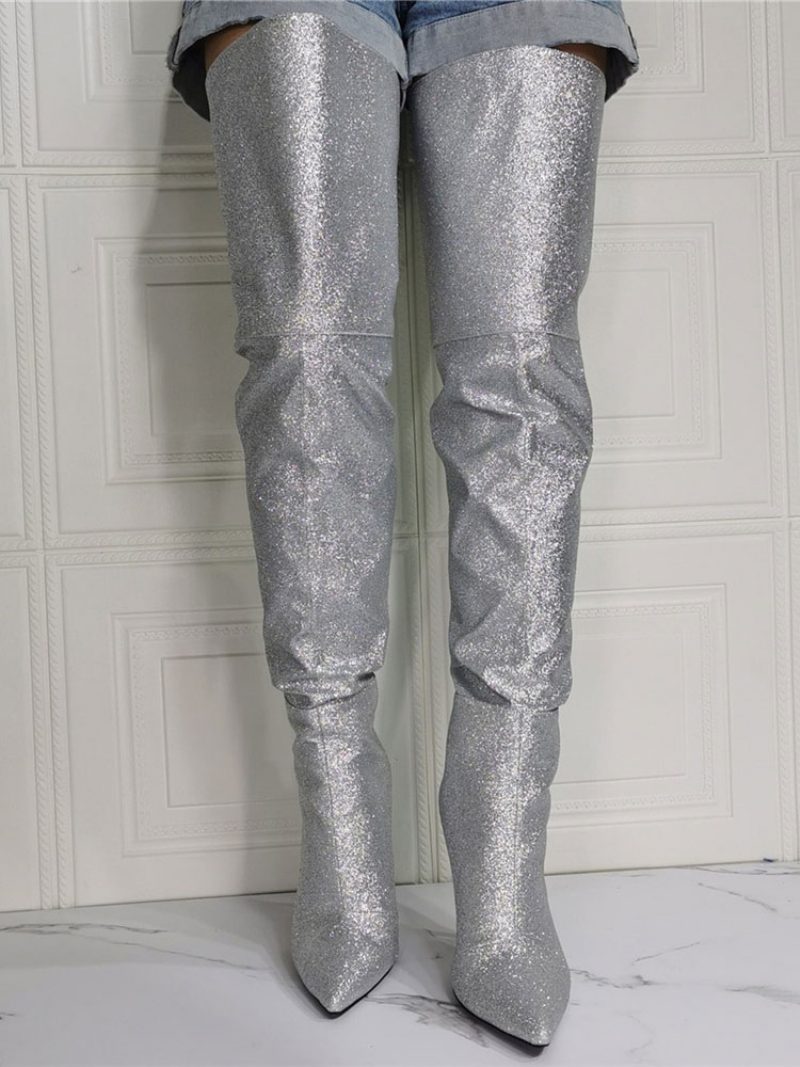 Damen-stiefel Mit Glitzerndem Oberschenkel Und Hohem Absatz Silber - Silber