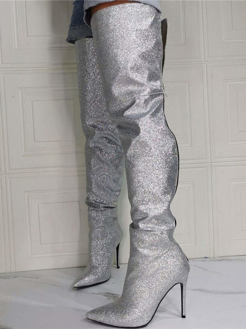 Damen-stiefel Mit Glitzerndem Oberschenkel Und Hohem Absatz Silber - Silber