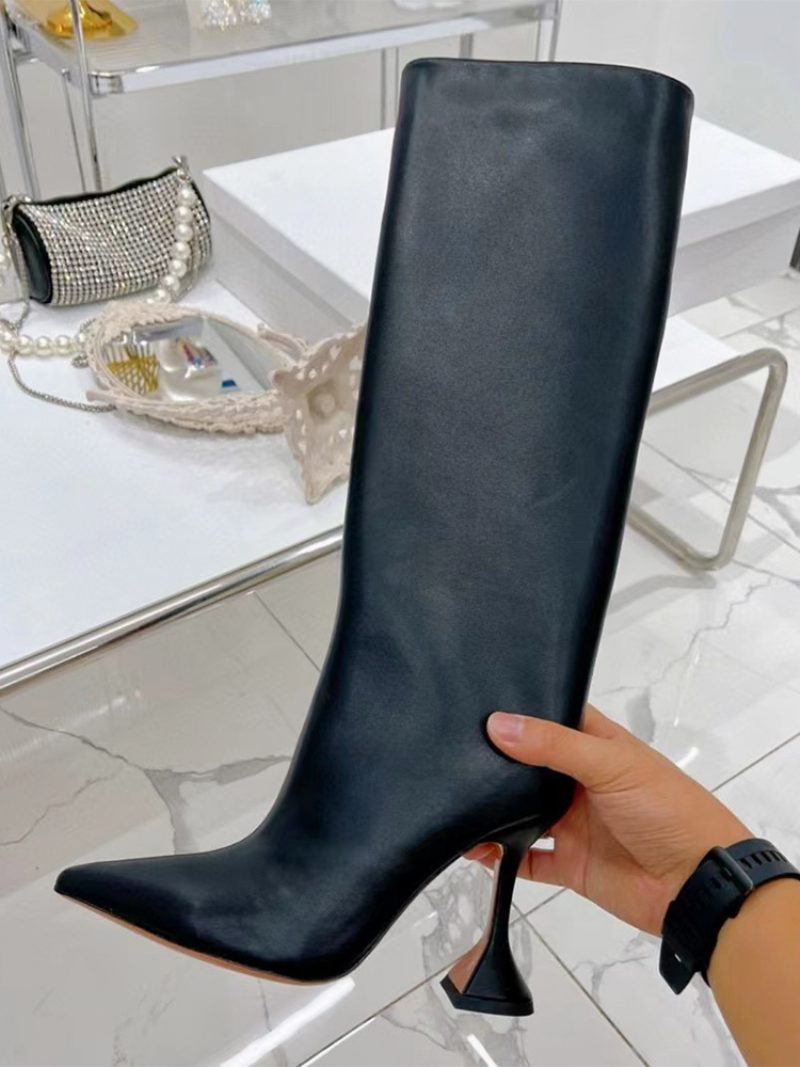 Damen-stiefel Mit Hohem Absatz Gelbes Schlangenmuster Spitzer Zehenbereich Mittelhoher - Schwarz