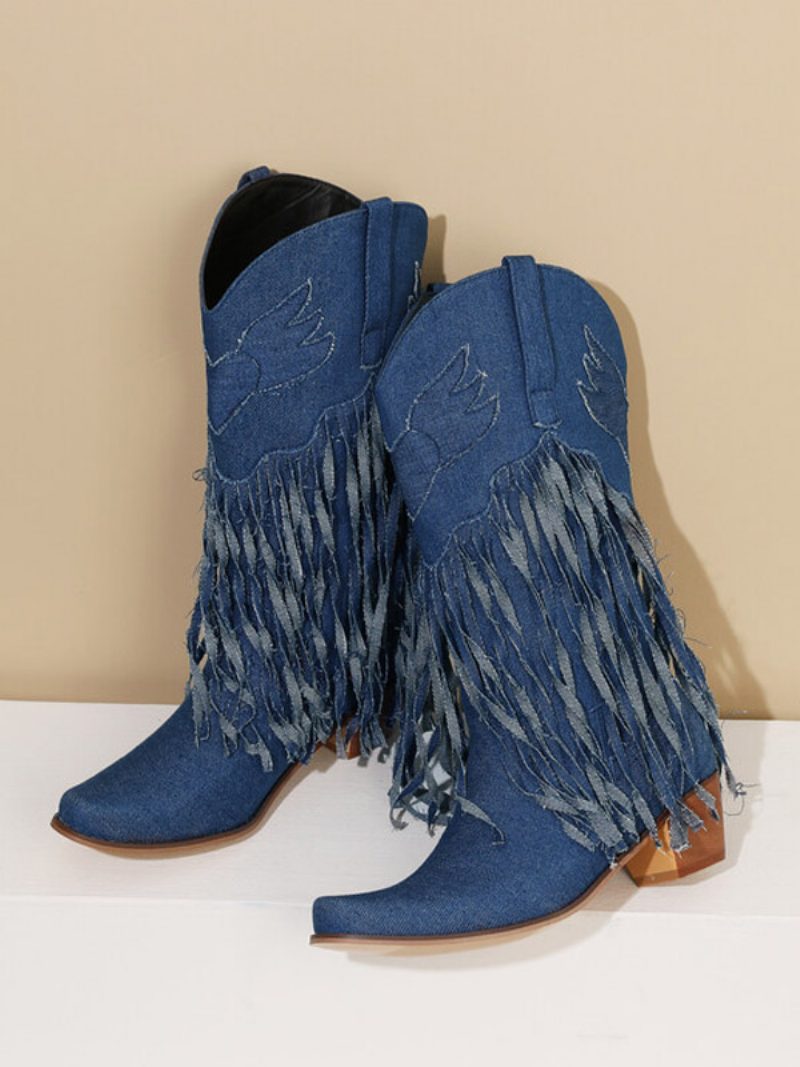 Damen-stiefel Mit Mittelhohem Schaft Aus Segeltuch Spitzer Zehenpartie Und Klobigem Absatz - Tiefblau