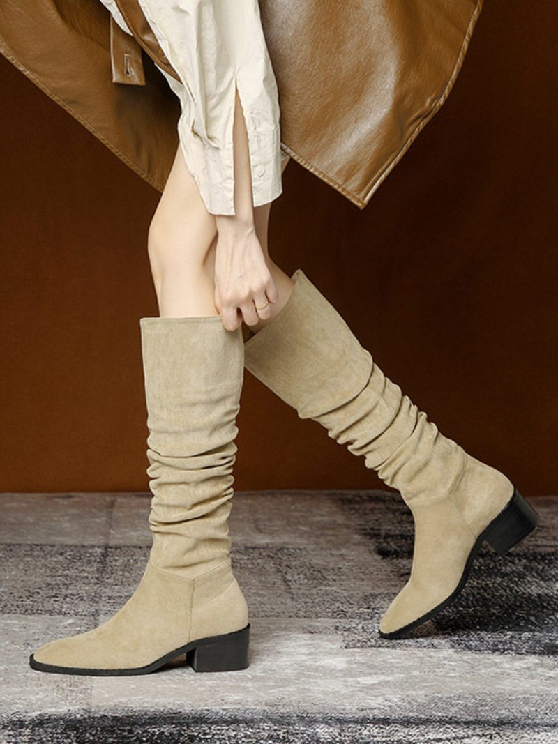 Damen-stiefel Mit Mittelhohem Schaft Aus Wildleder Spitzer Zehenpartie Und Klobigem Absatz - Khaki