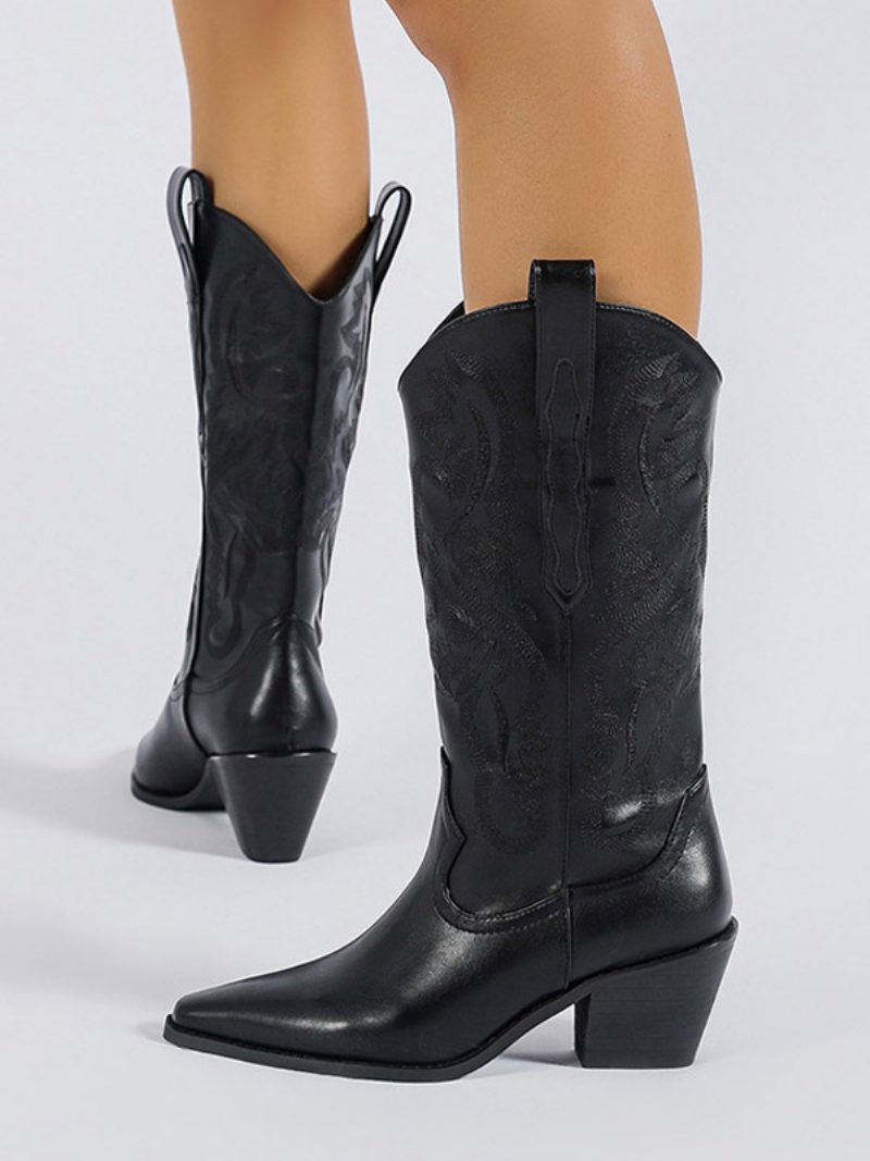 Damen-stiefel Mit Mittlerer Wade Bedrucktes Pu-leder Spitze Zehenstiefel Welpenabsatz - Schwarz