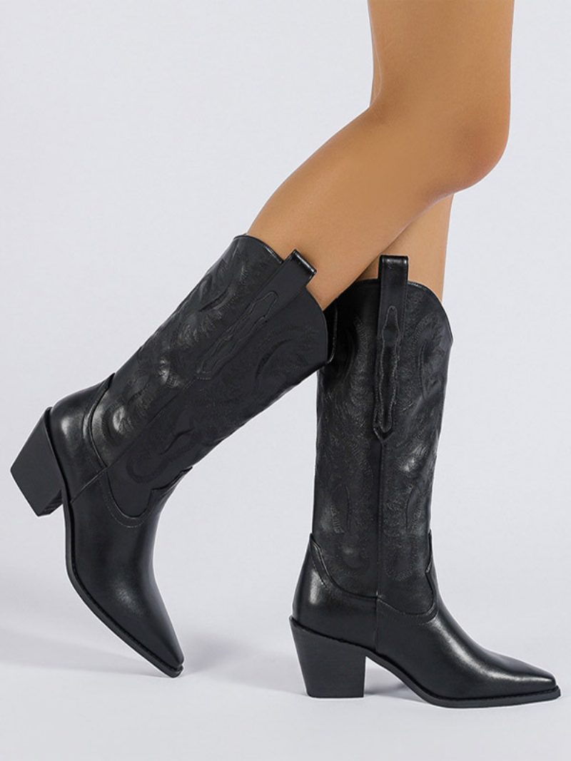 Damen-stiefel Mit Mittlerer Wade Bedrucktes Pu-leder Spitze Zehenstiefel Welpenabsatz - Schwarz