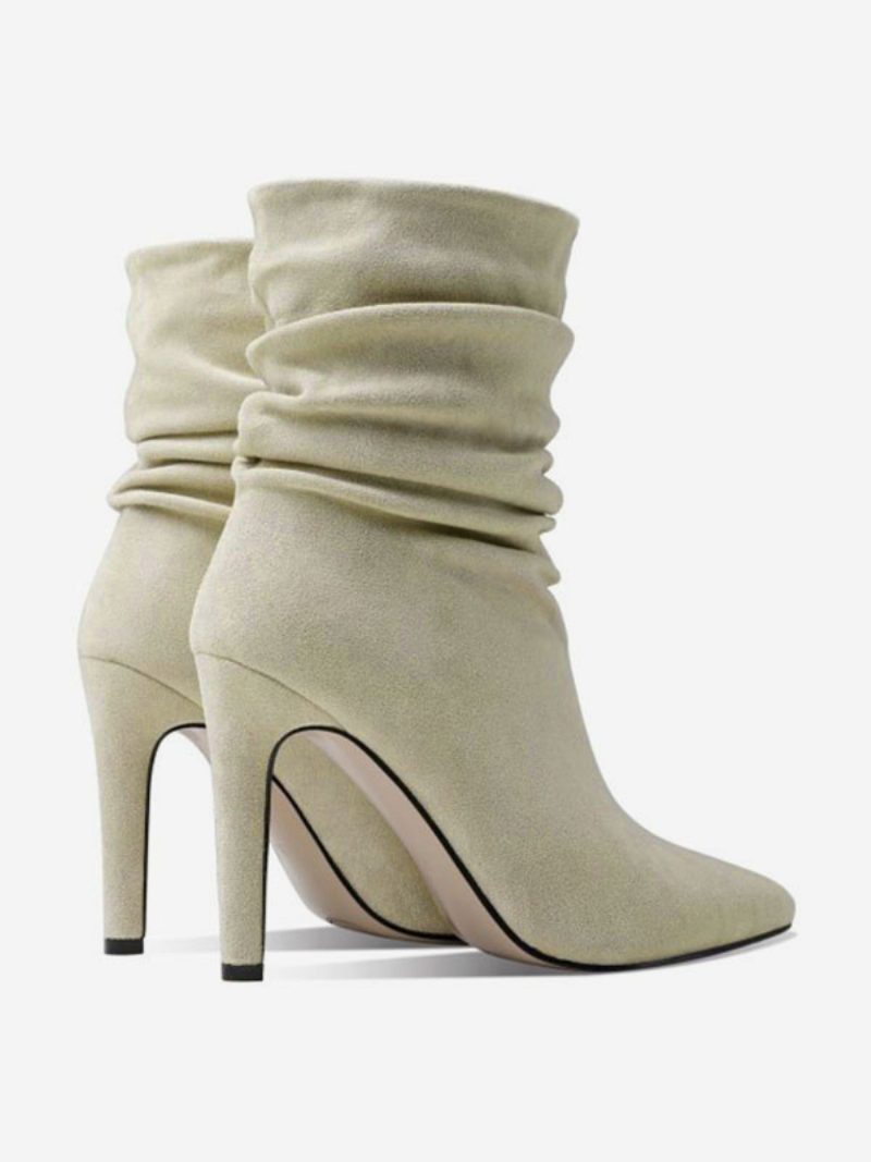 Damen-stiefel Mit Mittlerer Wade Ecru-weißes Mikro-wildleder-obermaterial Spitze Zehen-stiefeletten Stiletto-absatz - Beige