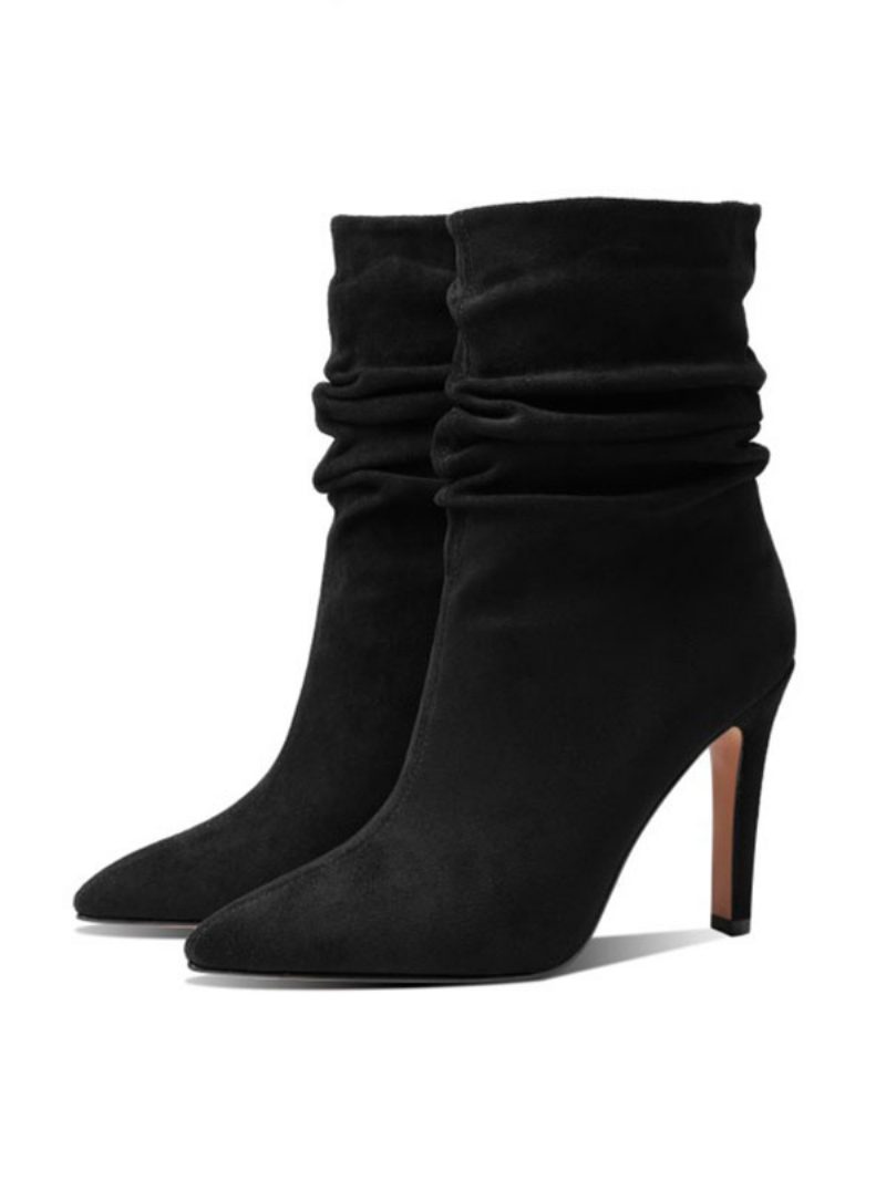 Damen-stiefel Mit Mittlerer Wade Ecru-weißes Mikro-wildleder-obermaterial Spitze Zehen-stiefeletten Stiletto-absatz - Schwarz