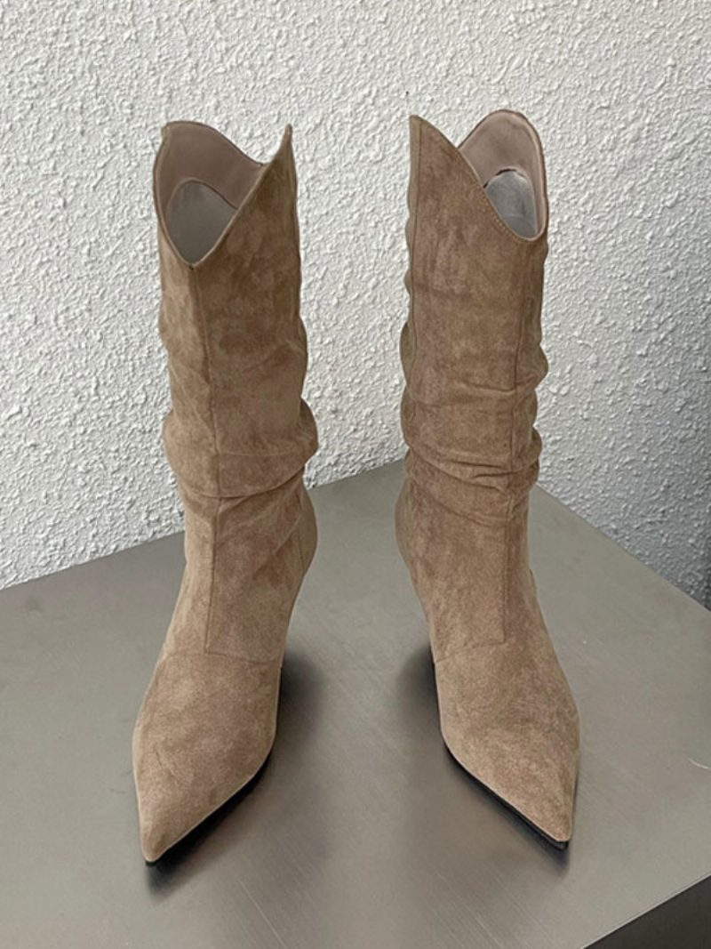 Damen-stiefel Mit Mittlerer Wade Obermaterial Aus Micro-wildleder Spitzer Zehenbereich Stiletto-absatz - Hellgelb