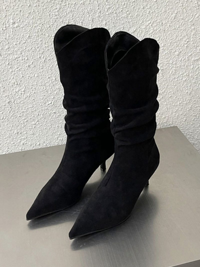 Damen-stiefel Mit Mittlerer Wade Obermaterial Aus Micro-wildleder Spitzer Zehenbereich Stiletto-absatz - Schwarz