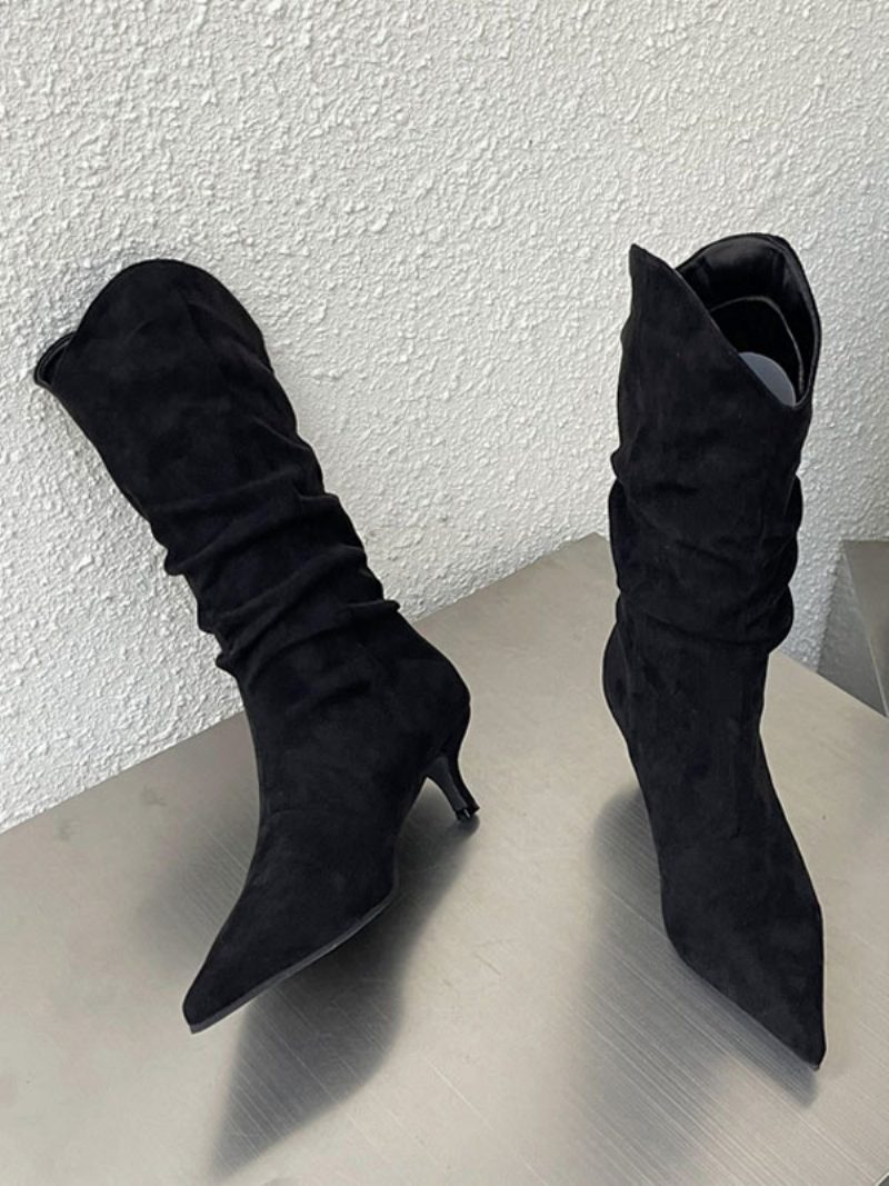 Damen-stiefel Mit Mittlerer Wade Obermaterial Aus Micro-wildleder Spitzer Zehenbereich Stiletto-absatz - Schwarz