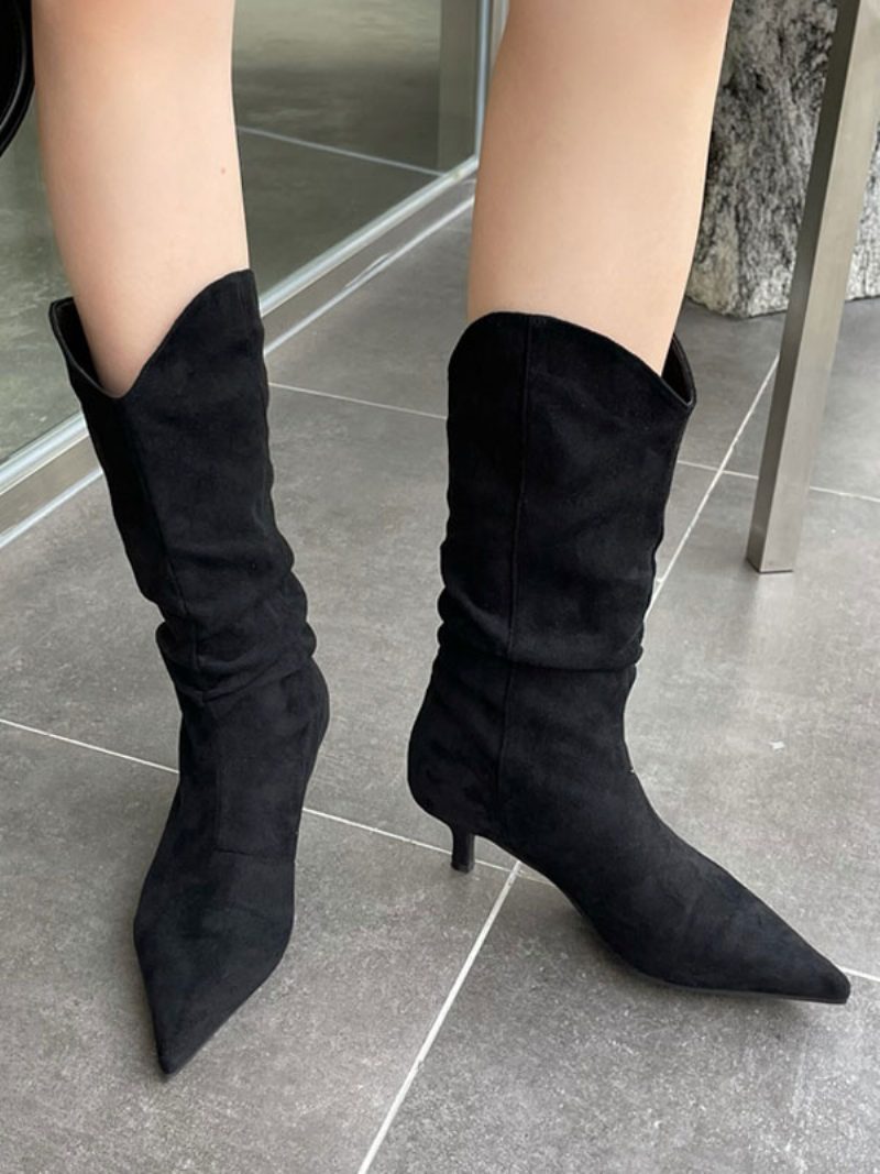 Damen-stiefel Mit Mittlerer Wade Obermaterial Aus Micro-wildleder Spitzer Zehenbereich Stiletto-absatz - Schwarz