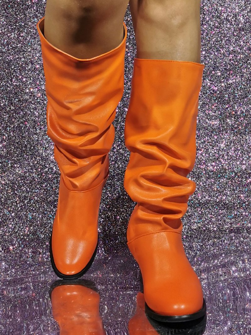 Damen-stiefel Mit Mittlerer Wade Pailletten Pu-leder Runde Zehenpartie Welpenabsatz - Orange