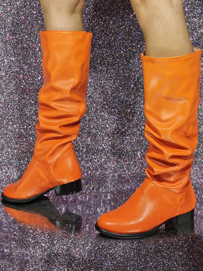 Damen-stiefel Mit Mittlerer Wade Pailletten Pu-leder Runde Zehenpartie Welpenabsatz - Orange