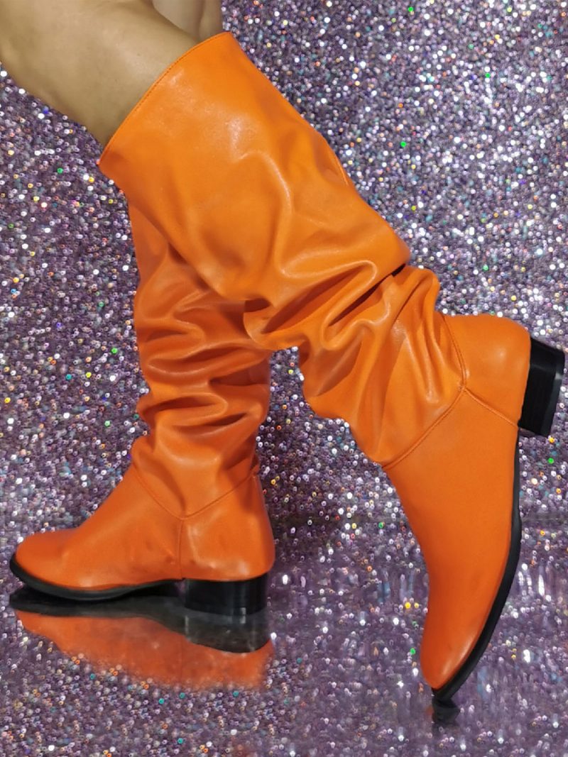 Damen-stiefel Mit Mittlerer Wade Pailletten Pu-leder Runde Zehenpartie Welpenabsatz - Orange