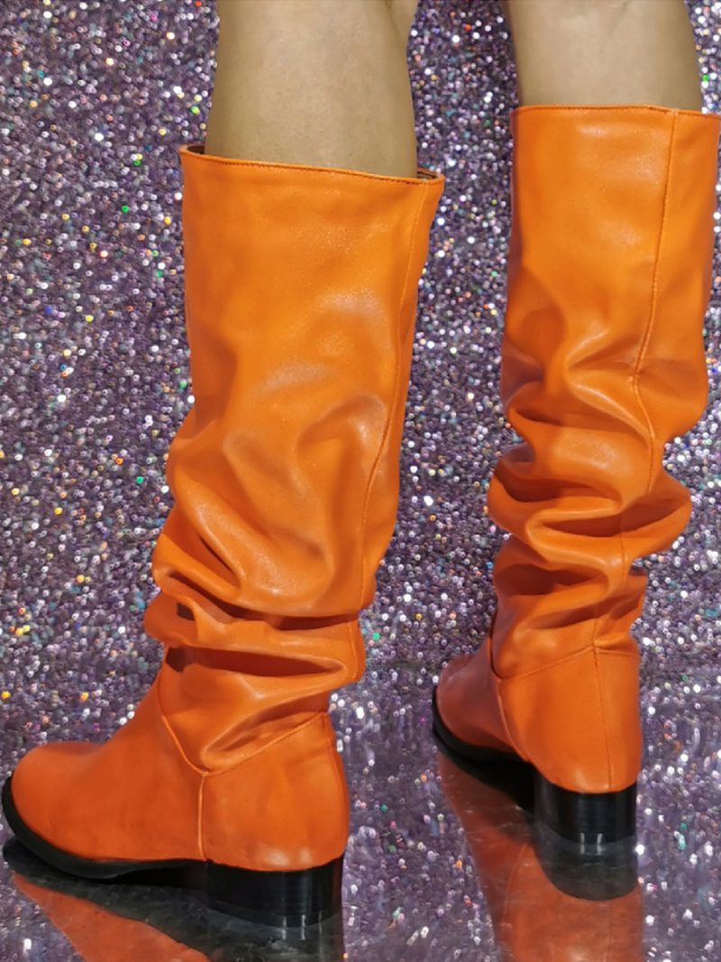 Damen-stiefel Mit Mittlerer Wade Pailletten Pu-leder Runde Zehenpartie Welpenabsatz - Orange