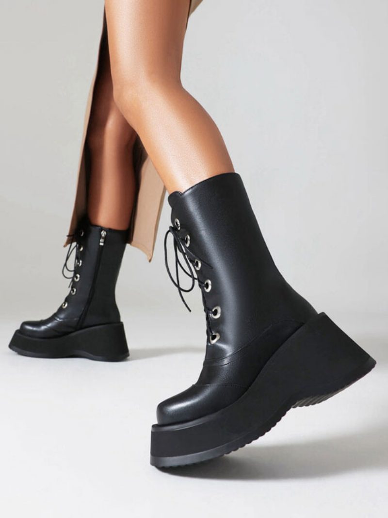 Damen-stiefel Mit Mittlerer Wade Pu-leder Runde Zehen Absatzlose Stiefel - Schwarz