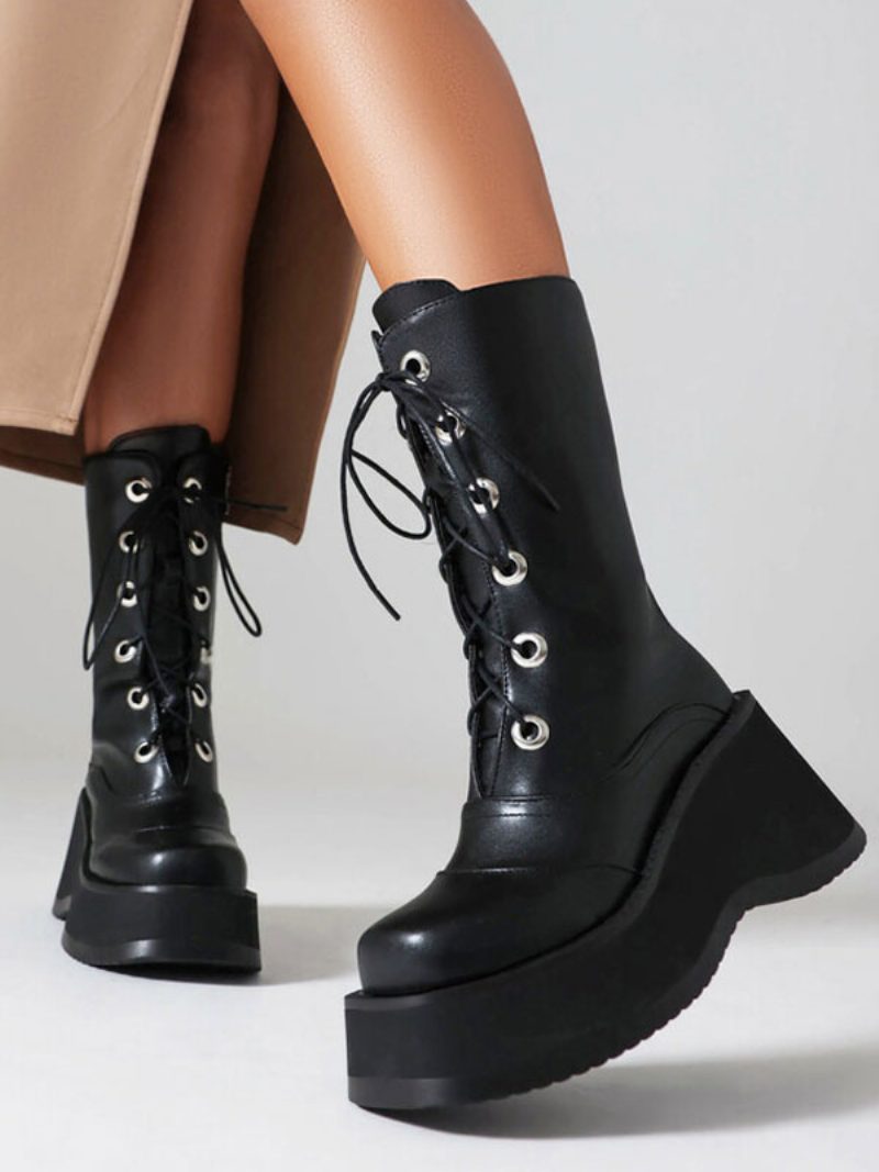 Damen-stiefel Mit Mittlerer Wade Pu-leder Runde Zehen Absatzlose Stiefel - Schwarz