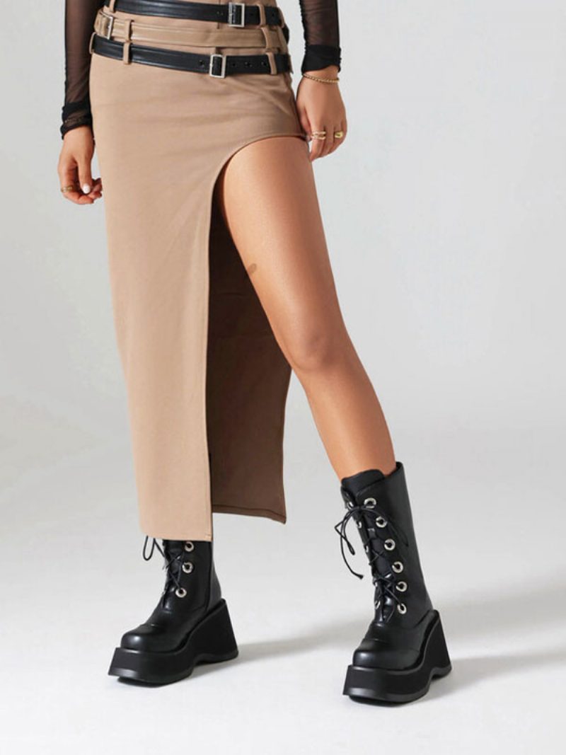 Damen-stiefel Mit Mittlerer Wade Pu-leder Runde Zehen Absatzlose Stiefel - Schwarz