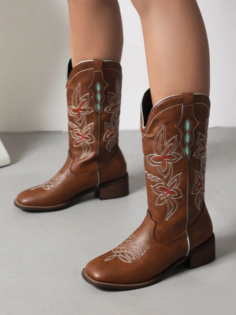 Damen-stiefel Mit Mittlerer Wade Pu-leder Runde Zehen Cowboystiefel Cowgirl-hochzeitsschuhe