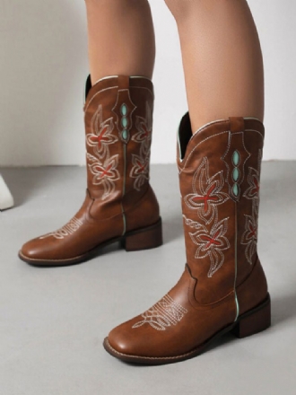 Damen-stiefel Mit Mittlerer Wade Pu-leder Runde Zehen Cowboystiefel Cowgirl-hochzeitsschuhe