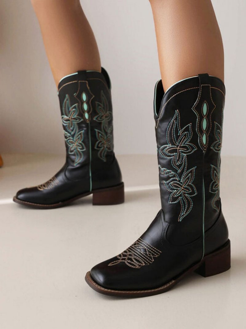 Damen-stiefel Mit Mittlerer Wade Pu-leder Runde Zehen Cowboystiefel Cowgirl-hochzeitsschuhe - Schwarz