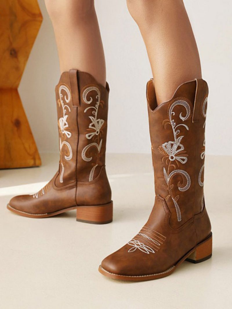 Damen-stiefel Mit Mittlerer Wade Pu-leder Runde Zehen Cowboystiefel Cowgirl-hochzeitsschuhe