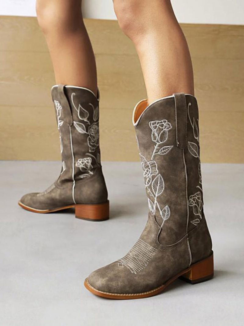 Damen-stiefel Mit Mittlerer Wade Pu-leder Runde Zehen Cowboystiefel Stiefel Welpenabsatz