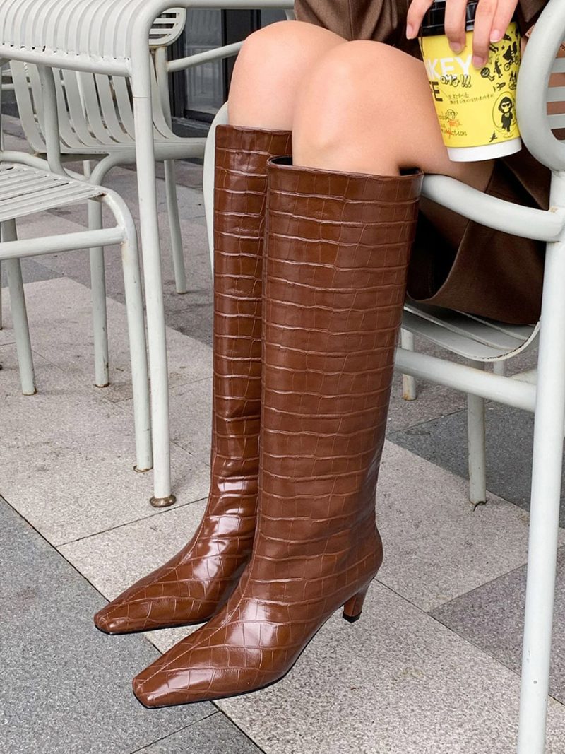 Damen-stiefel Mit Mittlerer Wade Pu-leder Spitzer Zehenbereich Klobiger Absatz - Kaffeebraun